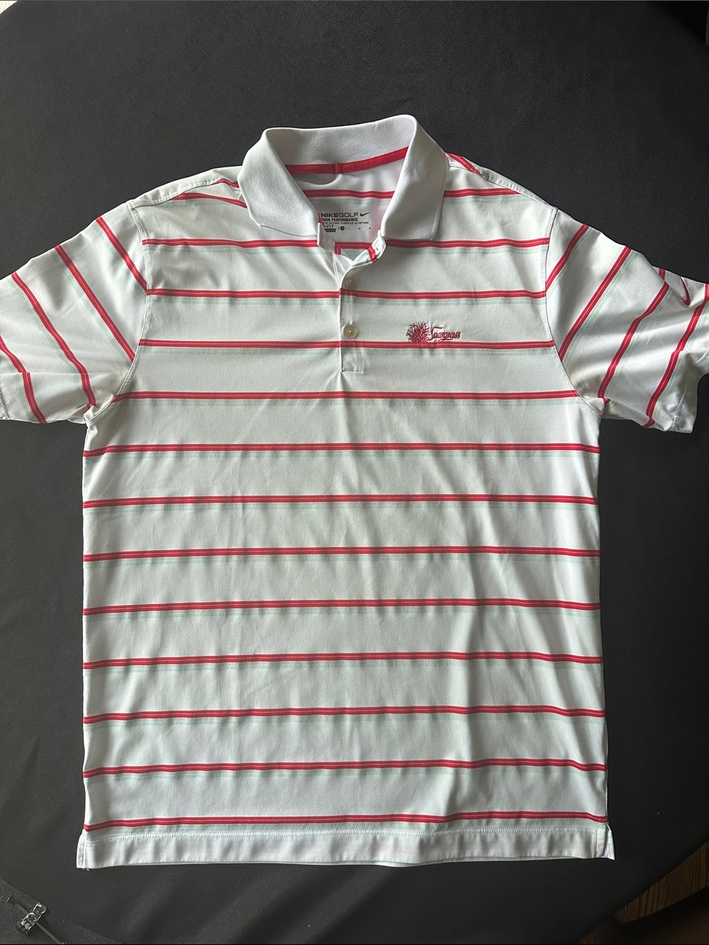 Nike Sawgrass White Polo with Red and Light Green Stripes